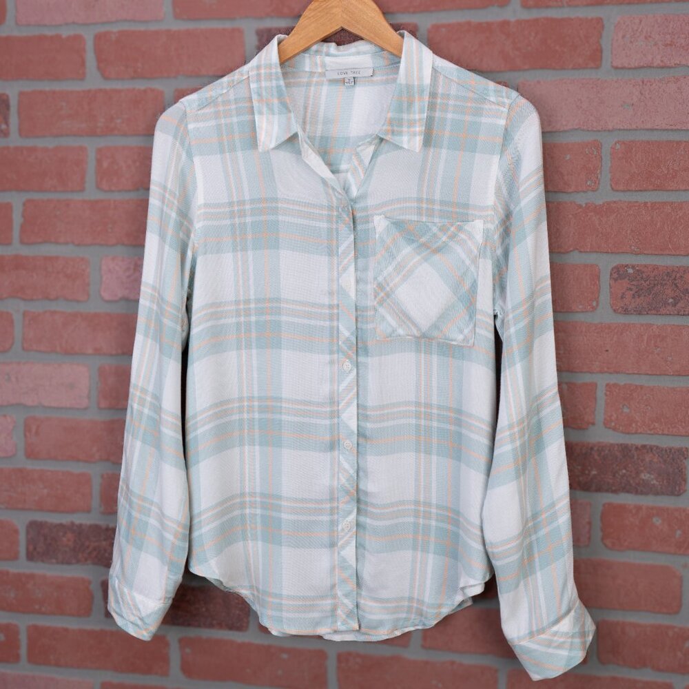 Lightweight Plaid Button-Up Top - Mint Green - Picture 6 of 15